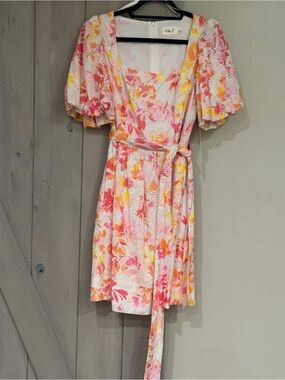 Eliza J Pink & Yellow Floral Square-Neck Tie-Waist Mini Dress